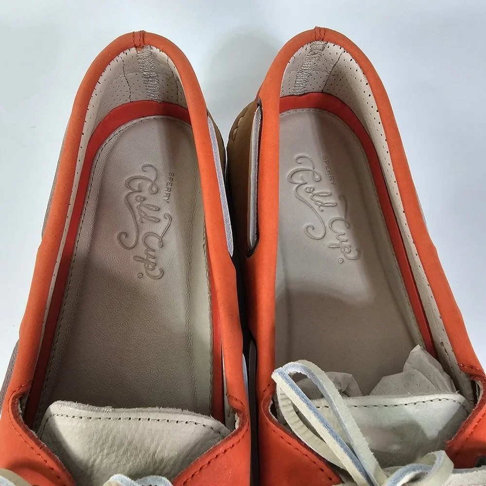 Sperry Gold Cup Tri-Tone Leather 2-Eye Boat Shoes Mens 14 White Orange Tan NWOT